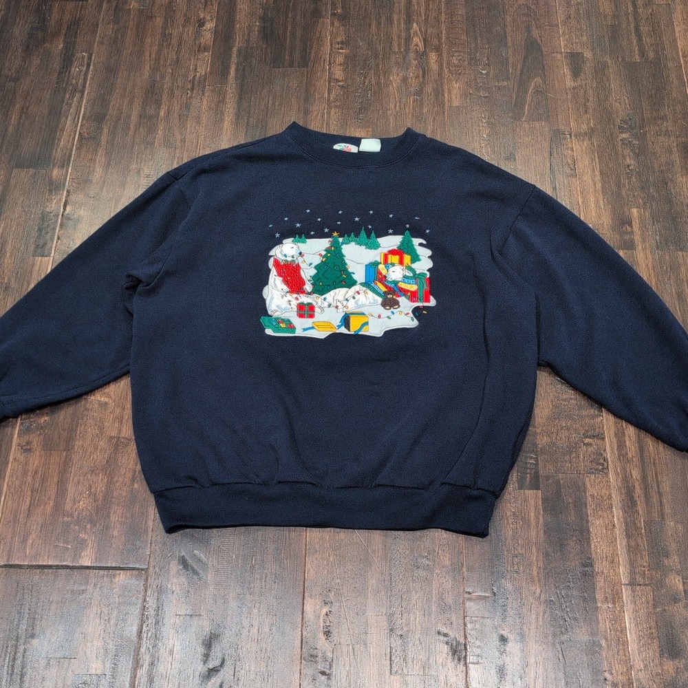 Vintage Nutcracker Polar Bear Blue Christmas‎ Crewneck Sweatshirt XL Embroidered
